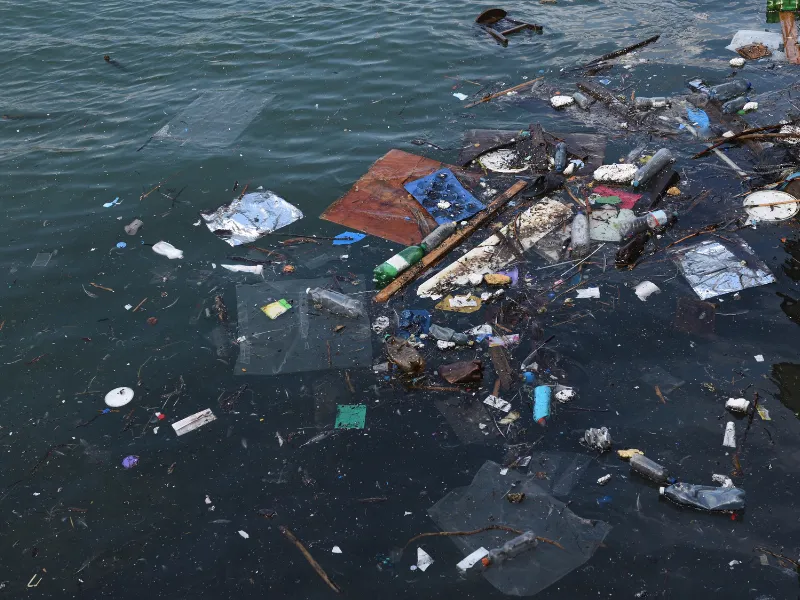 Plastikmüll und Abfall treiben auf einer Wasseroberfläche.